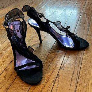 Strappy Black Stiletto Satin Heels with Organza Ruffle Size 7.5
